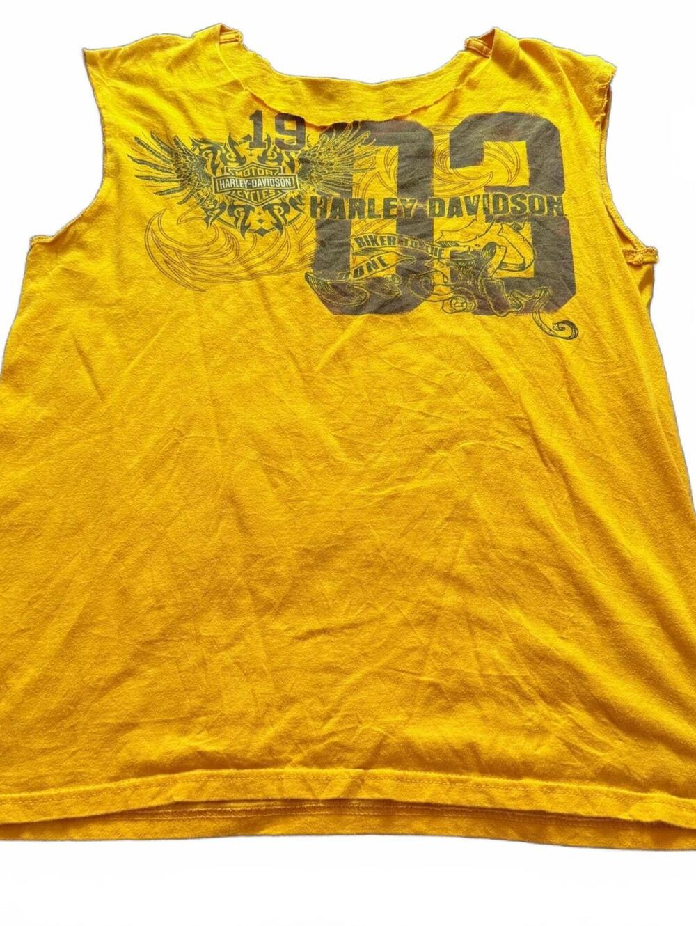 Harley-Davidson 2010 Pat Rogers Speedway Yellow Cutoff Biker Tee Size Large